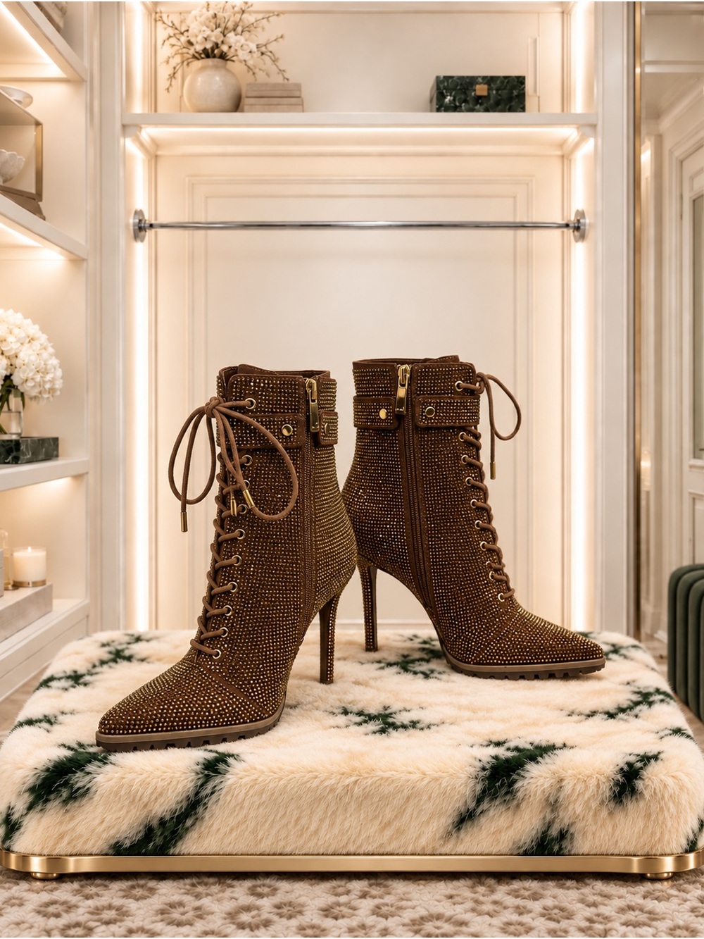 Jennifer Lopez Brown Crystal Lace-Up Stiletto Ankle Boots